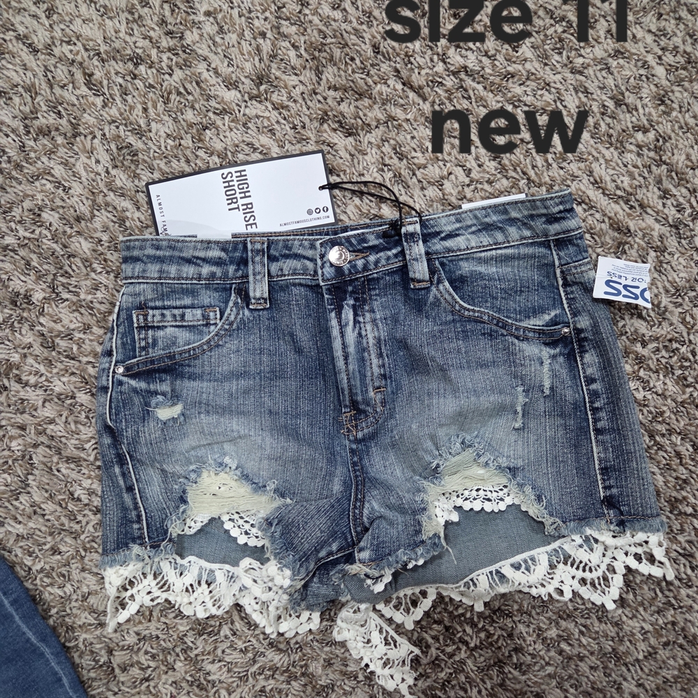 Distressed Denim Shorts with Lace Trim